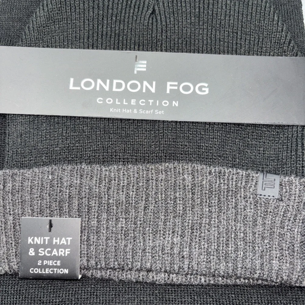 London‎ Fog Knit Hat & Scarf Mens 2 Piece Collection Set in Char Black & Gray